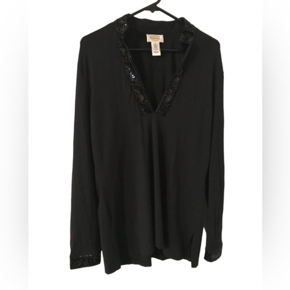 Talbots Black Sequin Paisley Blouse Medium Stretch Rayon Long Sleeve Evening Top
